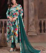 Green printed & handwork rayon readymade salwar kameez alia cut with two pocket stitched