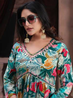 Green printed & handwork rayon readymade salwar kameez alia cut with two pocket stitched 2