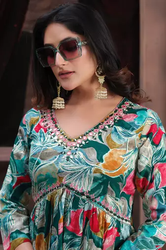 Green printed & handwork rayon readymade salwar kameez alia cut with two pocket stitched