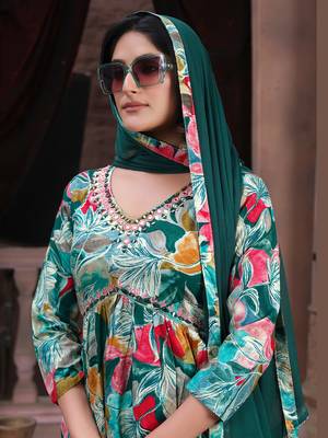 Green printed & handwork rayon readymade salwar kameez alia cut with two pocket stitched 3