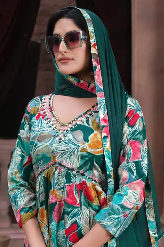 Green printed & handwork rayon readymade salwar kameez alia cut with two pocket stitched