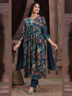 Navy blue printed & handwork rayon readymade salwar kameez alia cut with two pocket stitched 1