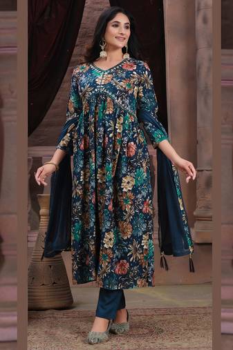 Navy blue printed & handwork rayon readymade salwar kameez alia cut with two pocket stitched