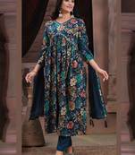 Navy blue printed & handwork rayon readymade salwar kameez alia cut with two pocket stitched