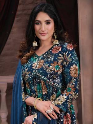 Navy blue printed & handwork rayon readymade salwar kameez alia cut with two pocket stitched 2