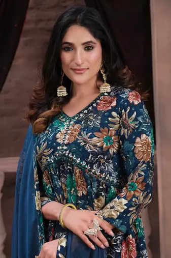 Navy blue printed & handwork rayon readymade salwar kameez alia cut with two pocket stitched