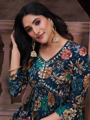 Navy blue printed & handwork rayon readymade salwar kameez alia cut with two pocket stitched 3