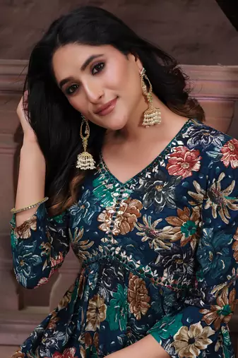 Navy blue printed & handwork rayon readymade salwar kameez alia cut with two pocket stitched