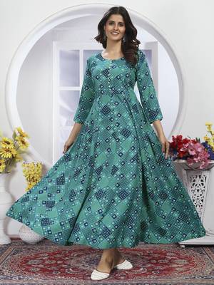 sky blue rayon anarkali suit with handwork design 1