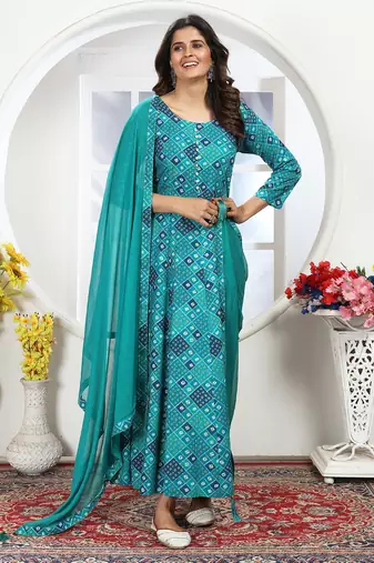 sky blue rayon anarkali suit with handwork design