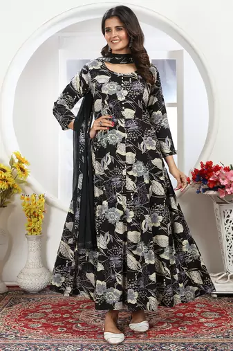 Black handwork rayon anarkali suit readymade stitched