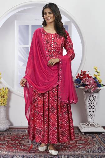 Pink handwork rayon anarkali suit readymade stitched