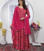 Pink handwork rayon anarkali suit readymade stitched