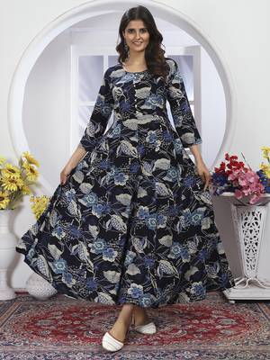 navy blue rayon anarkali suit with handwork design 1