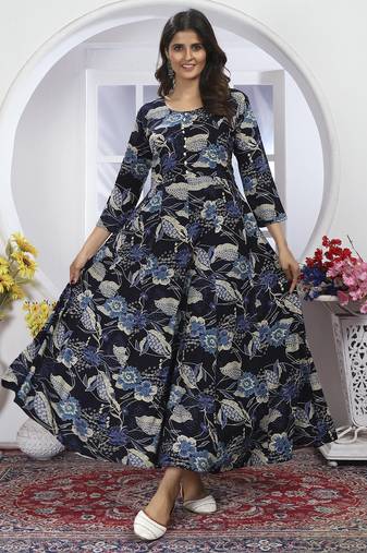 Navy blue handwork rayon anarkali suit readymade stitched