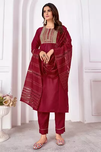 Maroon embroidery & sequence silk salwar kameez readymade stitched