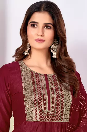 Maroon embroidery & sequence silk salwar kameez readymade stitched