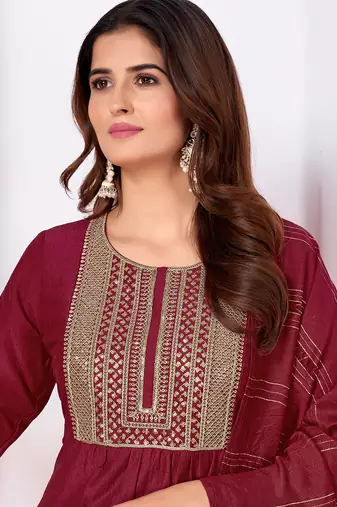 Maroon embroidery & sequence silk salwar kameez readymade stitched