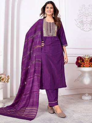 Purple embroidery & sequence silk salwar kameez readymade stitched 1
