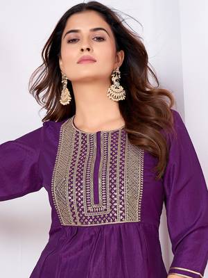 Purple embroidery & sequence silk salwar kameez readymade stitched 3