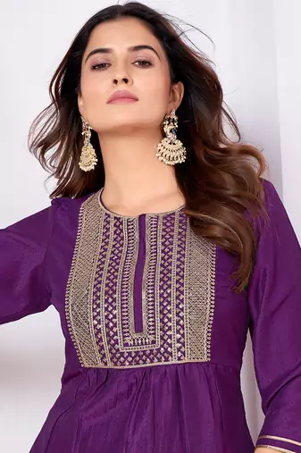 Purple embroidery & sequence silk salwar kameez readymade stitched