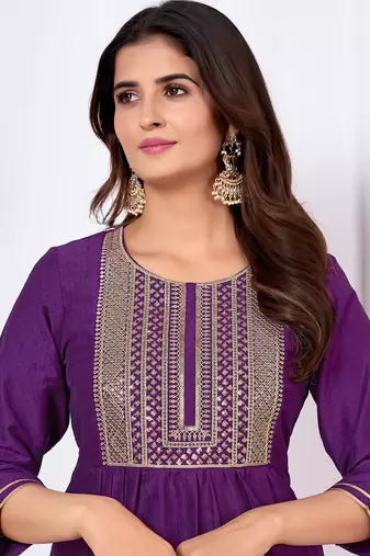 Purple embroidery & sequence silk salwar kameez readymade stitched