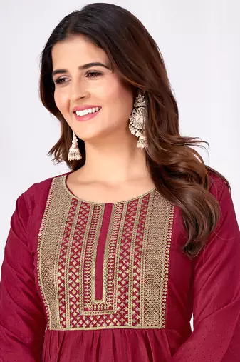 Red embroidery & sequence silk salwar kameez readymade stitched