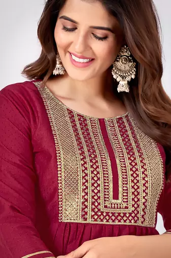 Red embroidery & sequence silk salwar kameez readymade stitched