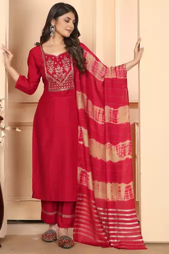 Red embroidery & sequence silk salwar kameez readymade stitched