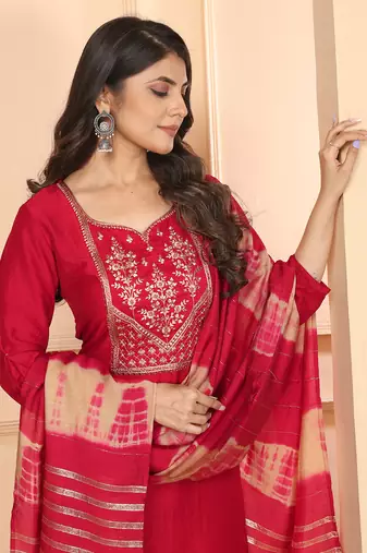 Red embroidery & sequence silk salwar kameez readymade stitched
