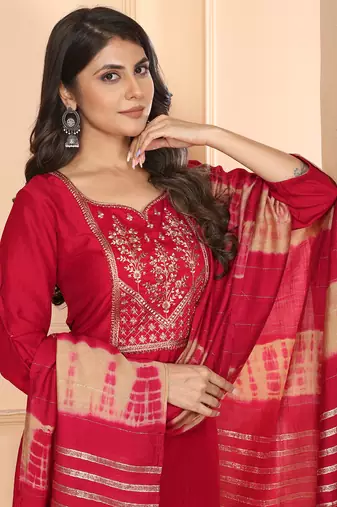 Red embroidery & sequence silk salwar kameez readymade stitched
