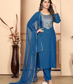 Blue embroidery & sequence rayon salwar kameez readymade with two pockets stitched