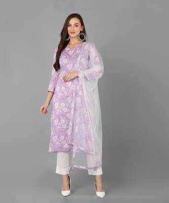 purple color printed rayon blend styles kurta trouser with dupatta 6