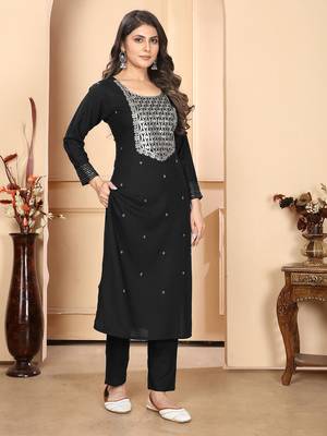 Black embroidery & sequence rayon salwar kameez readymade with two pockets stitched 2