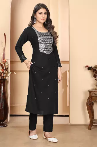Black embroidery & sequence rayon salwar kameez readymade with two pockets stitched