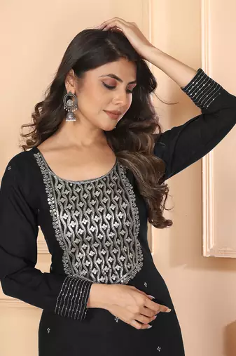 Black embroidery & sequence rayon salwar kameez readymade with two pockets stitched