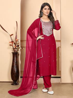 Maroon embroidery & sequence rayon salwar kameez readymade with two pockets stitched 1