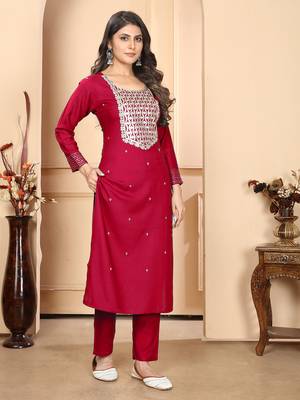 Maroon embroidery & sequence rayon salwar kameez readymade with two pockets stitched 2