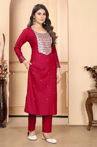 Maroon embroidery & sequence rayon salwar kameez readymade with two pockets stitched