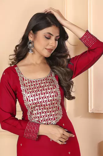 Maroon embroidery & sequence rayon salwar kameez readymade with two pockets stitched