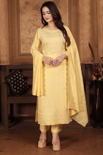 Yellow embroidery & sequence chanderi salwar kameez readymade stitched