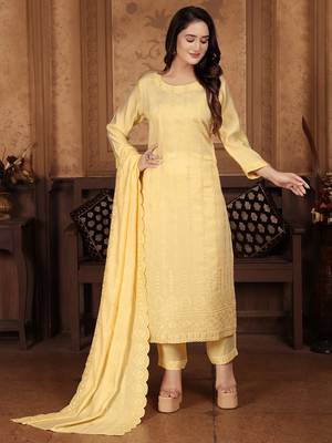 Yellow embroidery & sequence chanderi salwar kameez readymade stitched 2