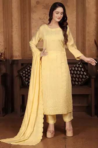 Yellow embroidery & sequence chanderi salwar kameez readymade stitched