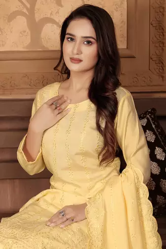 Yellow embroidery & sequence chanderi salwar kameez readymade stitched