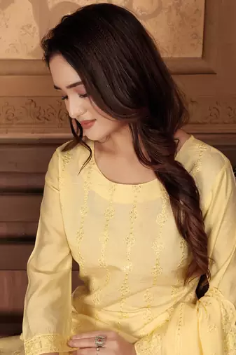 Yellow embroidery & sequence chanderi salwar kameez readymade stitched
