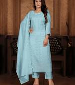 Sky blue embroidery & sequence chanderi salwar kameez readymade stitched