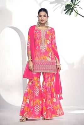 Pink mirror embroidery and printed chinon straight sharara-free size stitched(size upto 42") 1