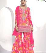 Pink mirror embroidery and printed chinon straight sharara-free size stitched(size upto 42")