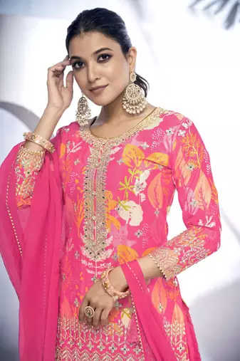 Pink mirror embroidery and printed chinon straight sharara-free size stitched(size upto 42")