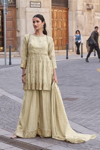 Beige embroidery and sequins shimer anarkali palazzo- free size stitched(size upto 42")